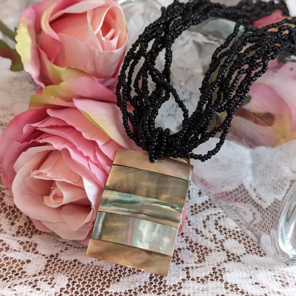 Black beaded Necklace with Shell Inlay pendant